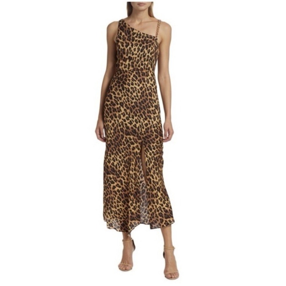 Alice Olivia Leopard Midi Dress‎ Bias Cut Slip Asymmetrical Going Out Size 4